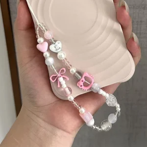 Dây Đeo Điện Thoại Màu Hồng Đính Cườm Kitty Chuỗi